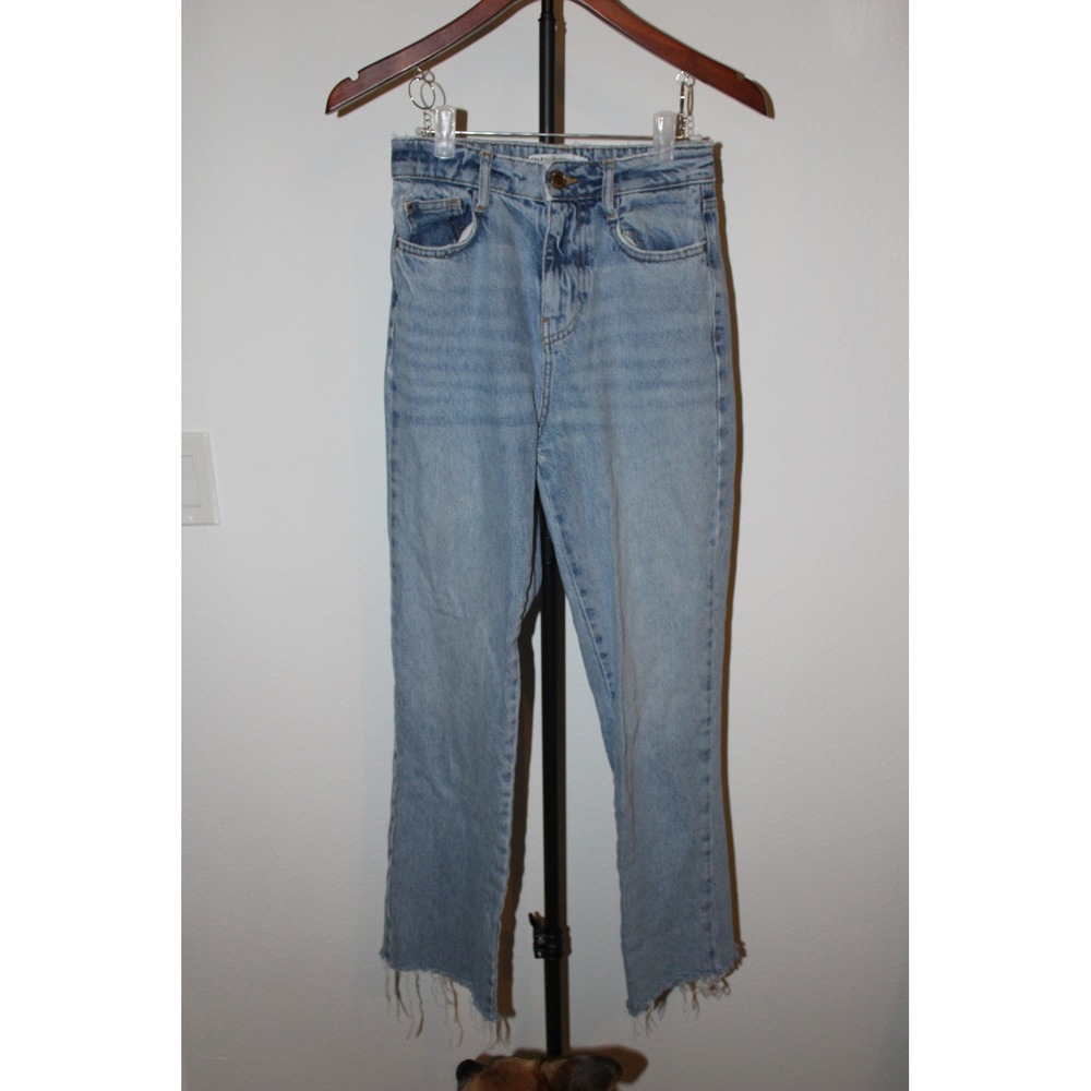 Zara Women's High Rise Straight Leg Light Wash Raw Hem Denim Jeans Size 0